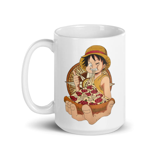 Luffy Eating Pizza White glossy mug